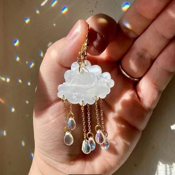 Whimsical Rain Cloud Acrylic Tassel Earrings with Water Drop Dangles – NWT - Picture 2 of 2